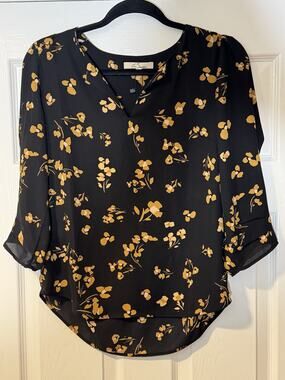 Les Serein Black Floral Blouse 3/4 Sleeve - Women's Size XS